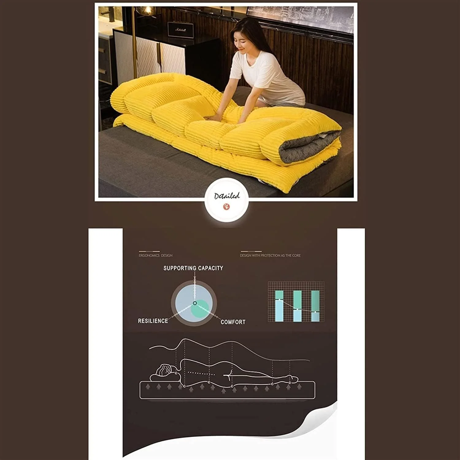 تشک فوتون ضخیم 10 سانتی متری YOODODO، تشک تخت تاشو، پد تشک تاتامی، تشک رولی، تشک مهمان (زرد، 150x200 سانتی متر / 59x79 اینچ)