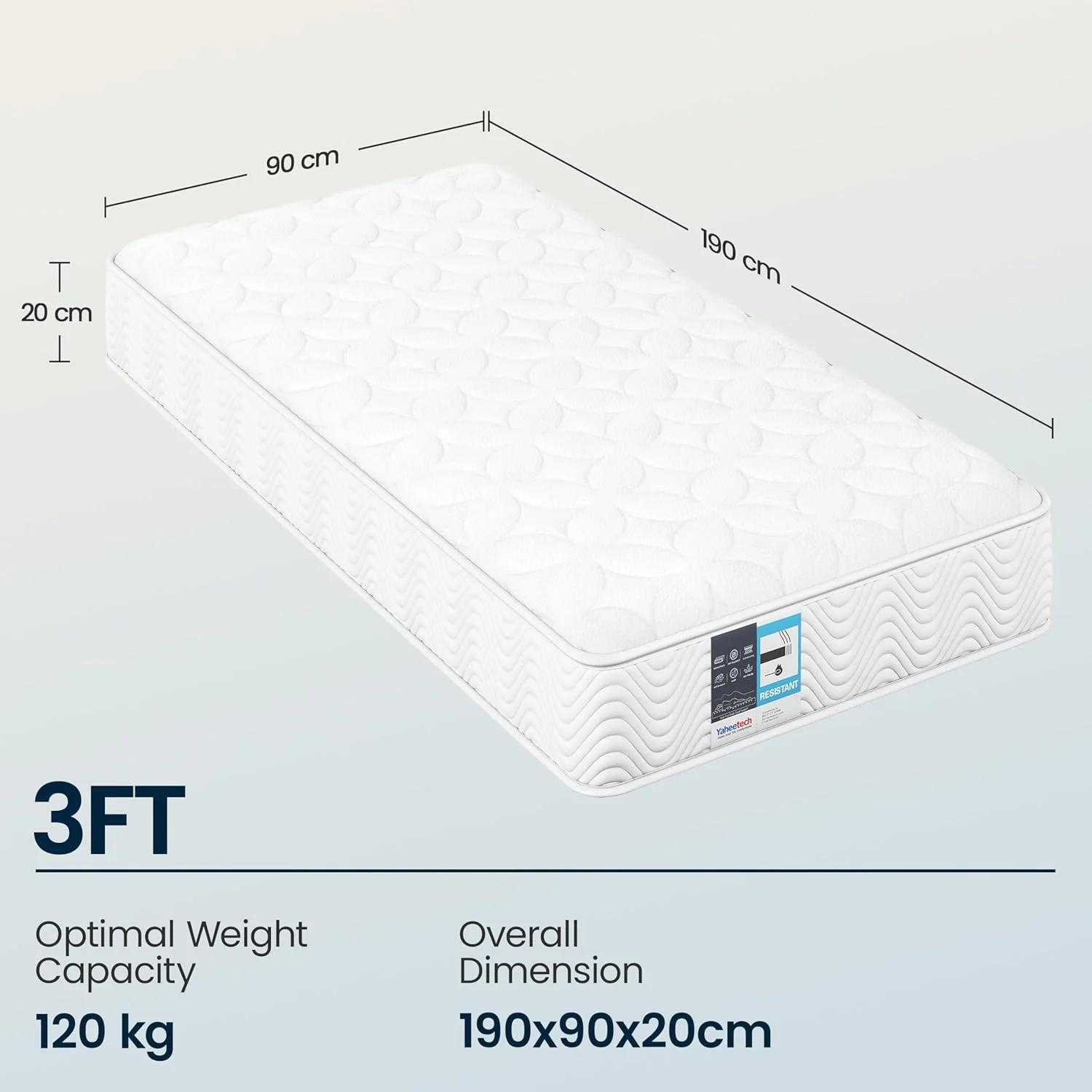 تشک یک نفره Yaheetech سایز 3 فوت، تشک فنری پاکتی با روکش بافتنی پارچه ای ضد حساسیت و تنفسی سه بعدی، مناسب بزرگسالان، سفتی متوسط، تشک فوم ارتوپدی، 90x190