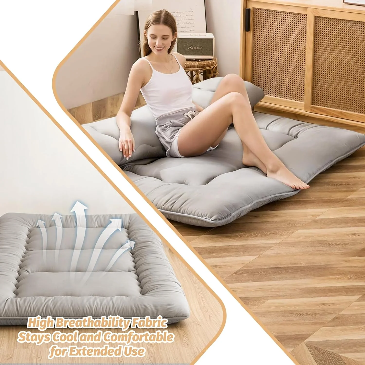 تشک زمینی UCHUANG - پد خواب تاتامی فوق العاده راحت و تنفسی، فوتون تاشو برای خوابگاه پسرانه دخترانه، تخت خواب زمینی کودک، 150 x 200 سانتی متر - خاکستری