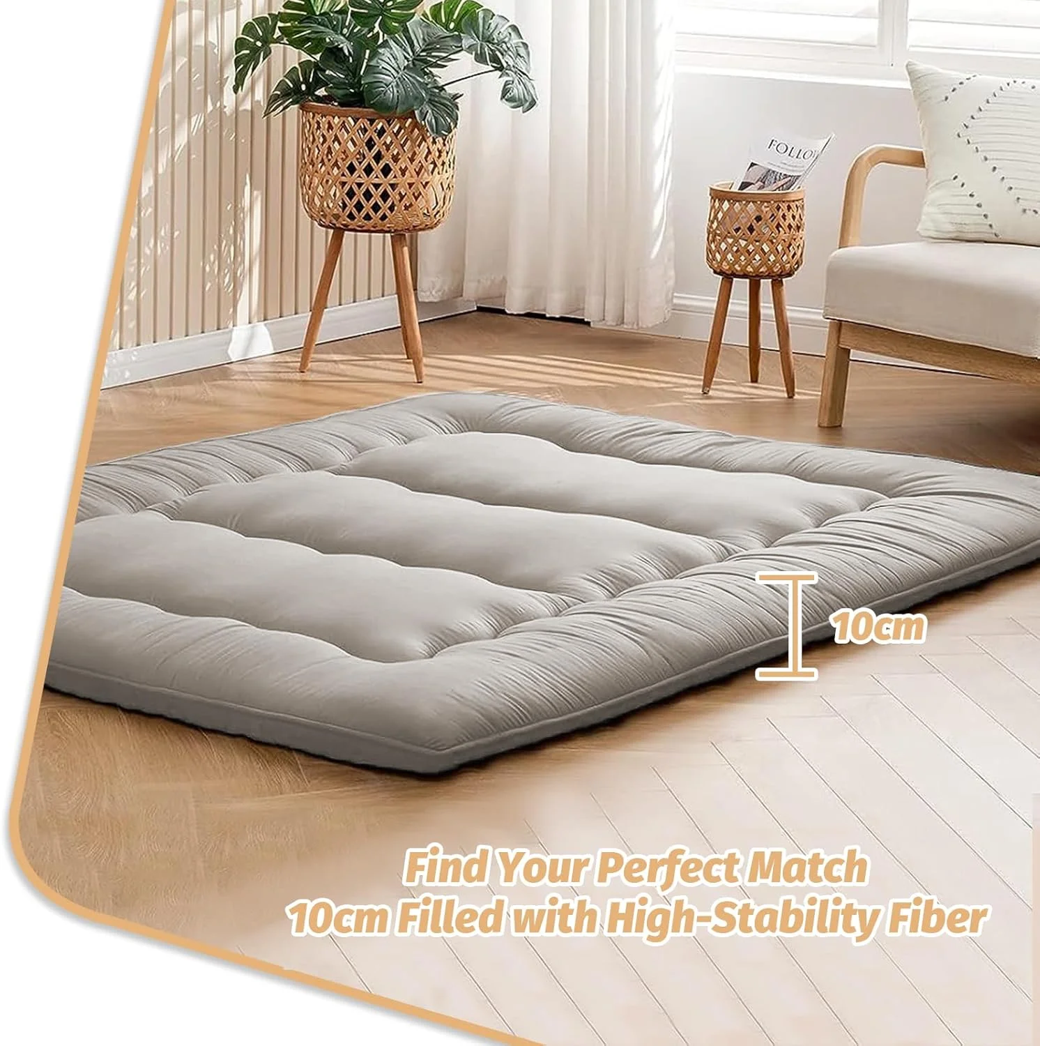 تشک زمینی UCHUANG - پد خواب تاتامی فوق العاده راحت و تنفسی، فوتون تاشو برای خوابگاه پسرانه دخترانه، تخت خواب زمینی کودک، 150 x 200 سانتی متر - خاکستری