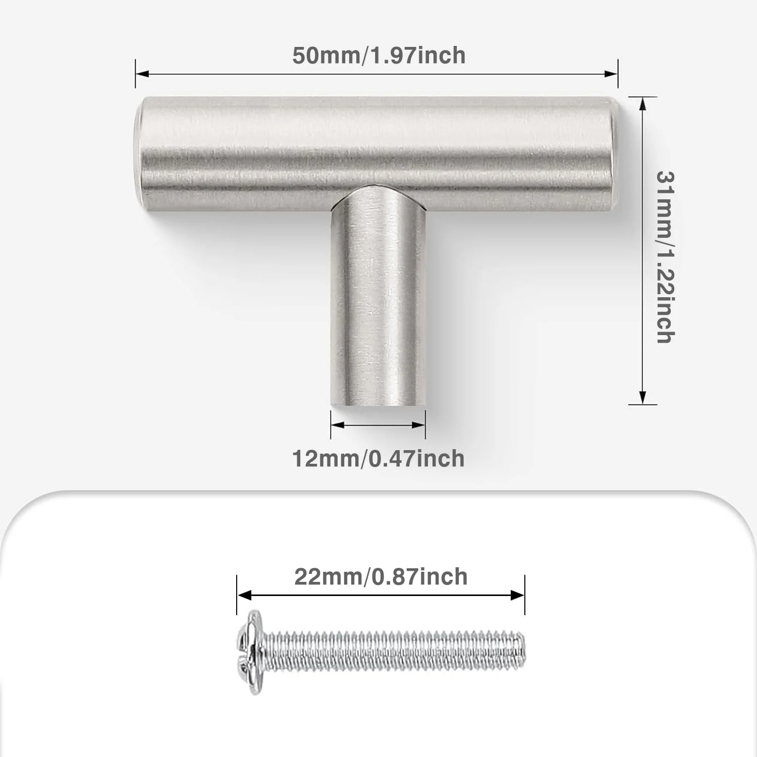 دستگیره کابینت لونیما 10 عددی 50 میلی متری با پیچ، دستگیره استیل T، کشش نقره ای برای کابینت آشپزخانه و کمد