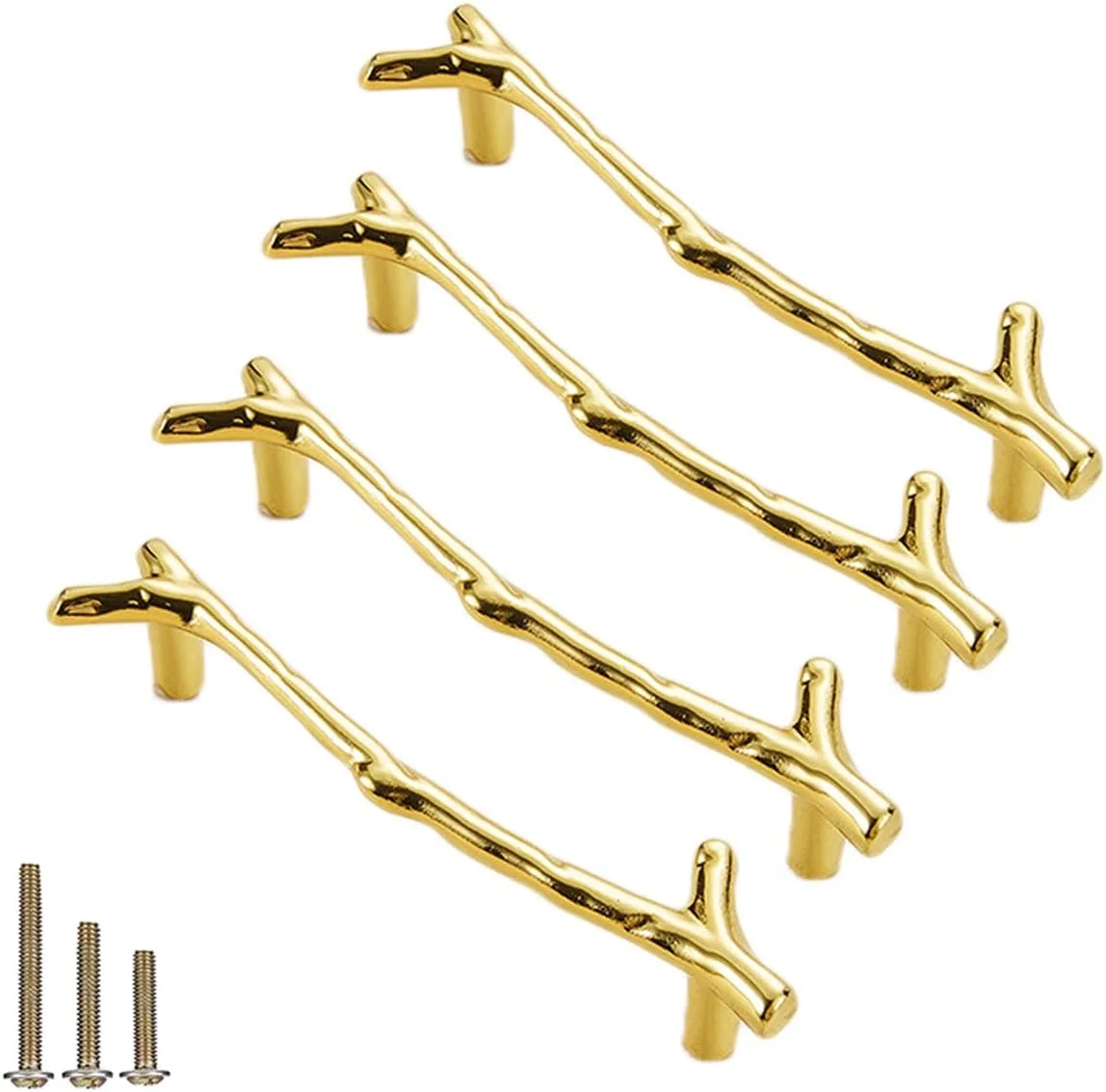 دستگیره کابینت شاخه ای Esreake، 4 عددی، دستگیره کشو آلیاژ روی، طرح شاخه درخت قدیمی، فاصله سوراخ 96 میلی متر، مناسب کابینت آشپزخانه و کمد (4 عدد، طلایی)