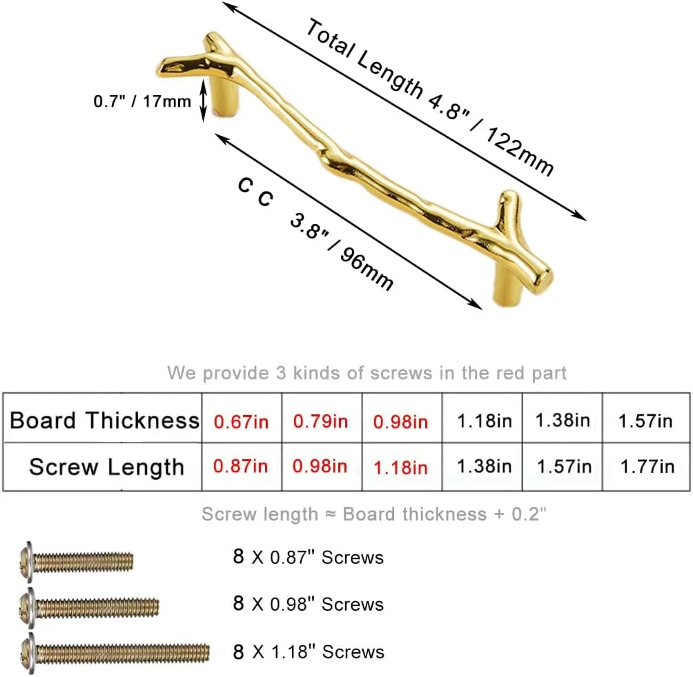 دستگیره کابینت شاخه ای Esreake، 4 عددی، دستگیره کشو آلیاژ روی، طرح شاخه درخت قدیمی، فاصله سوراخ 96 میلی متر، مناسب کابینت آشپزخانه و کمد (4 عدد، طلایی)
