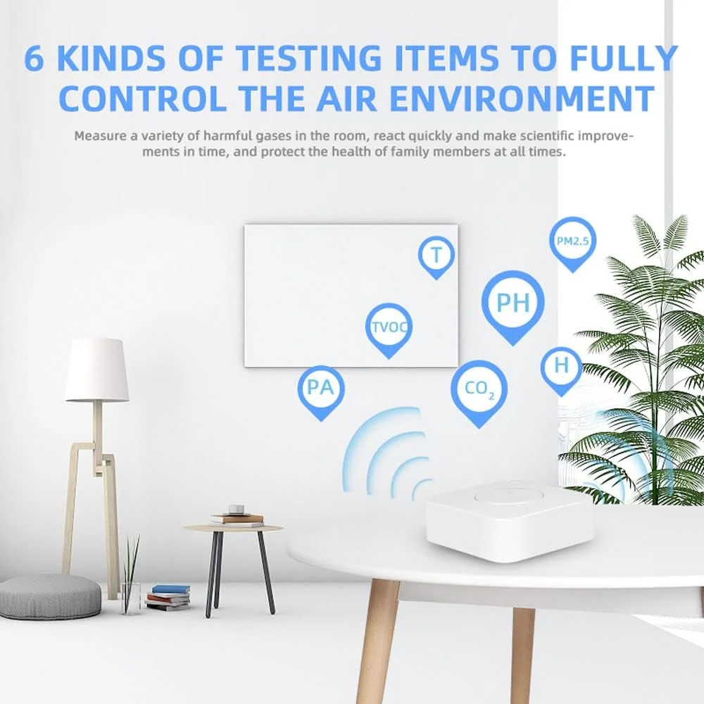 دستگاه سنجش کیفیت هوای هوشمند OUNA Air Qu، Tuya WiFi، 6 در 1، سنجش PM2.5/فرمالدئید/TVOC/CO2/دما/رطوبت برای خانه و محل کار دستگاه سنجش کیفیت هوای هوشمند OUNA Air Qu، Tuya WiFi، 6 در 1، سنجش PM2.5/فرمالدئید/TVOC/CO2/دما/رطوبت برای خانه و محل کار