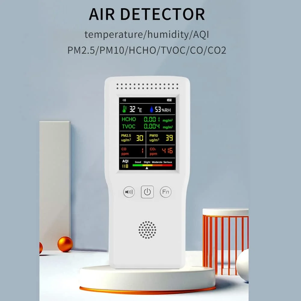 دستگاه سنجش کیفیت هوای قابل حمل OUNA Air Qu، 9 در 1، دما، رطوبت، PM2.5، PM10، HCHO، TVOC، CO، CO2، AQI، صفحه نمایش رنگی با نور پس زمینه