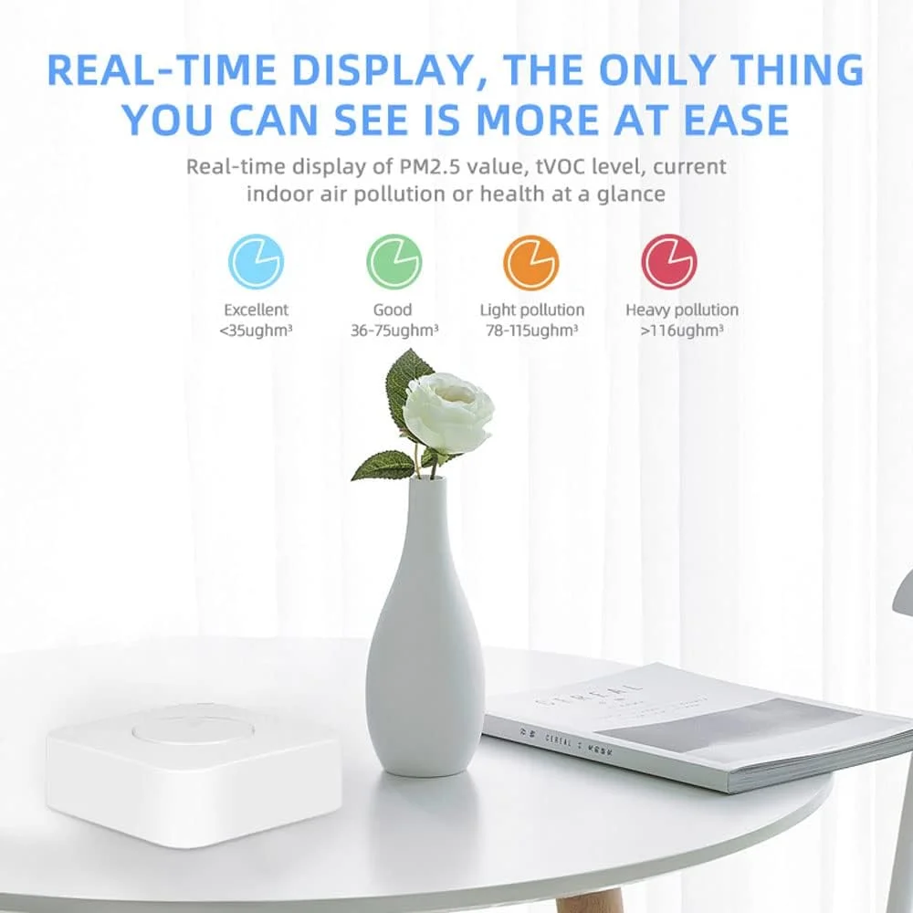 دستگاه سنجش کیفیت هوای هوشمند OUNA Air Qu، Tuya WiFi، 6 در 1، سنجش PM2.5/فرمالدئید/TVOC/CO2/دما/رطوبت برای خانه و محل کار دستگاه سنجش کیفیت هوای هوشمند OUNA Air Qu، Tuya WiFi، 6 در 1، سنجش PM2.5/فرمالدئید/TVOC/CO2/دما/رطوبت برای خانه و محل کار