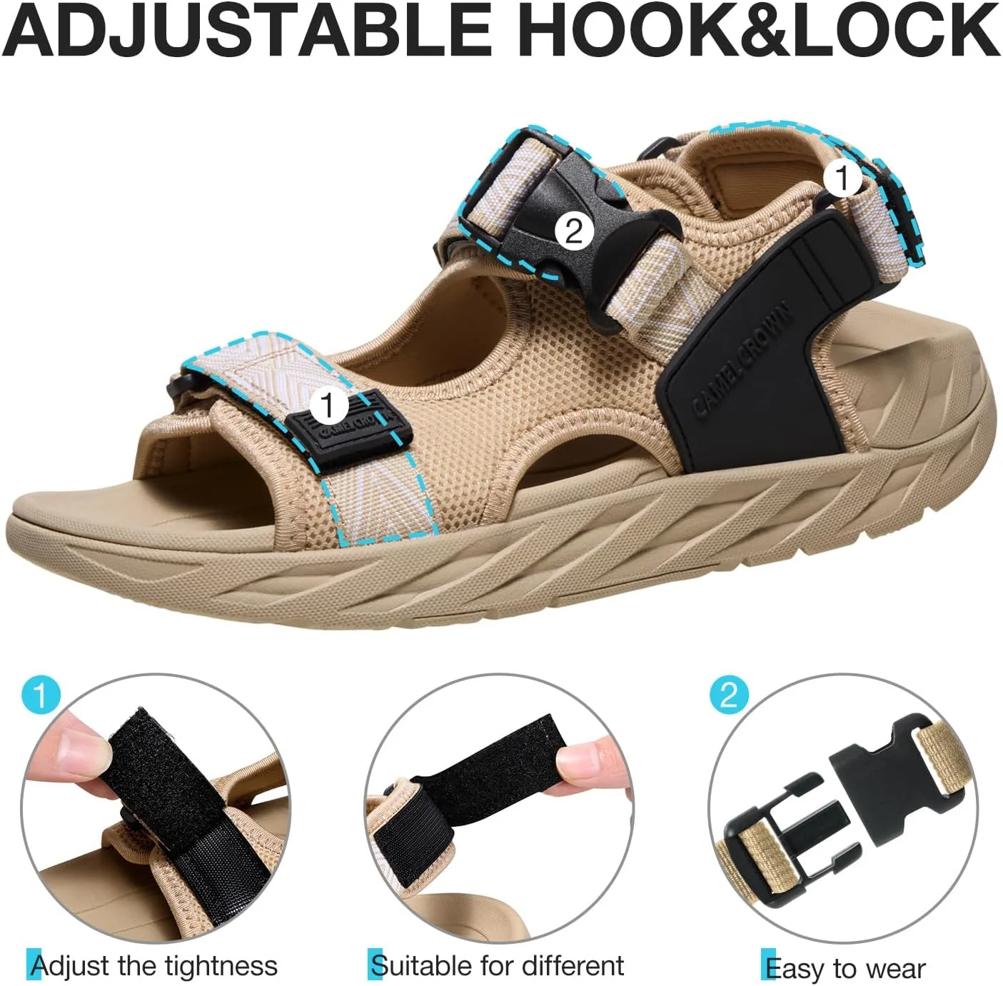 صندل پیاده روی زنانه کمل کراون با پشتیبانی از قوس پا، صندل های پیاده روی زنانه، صندل های ورزشی زنانه در فضای باز با بند قابل تنظیم
