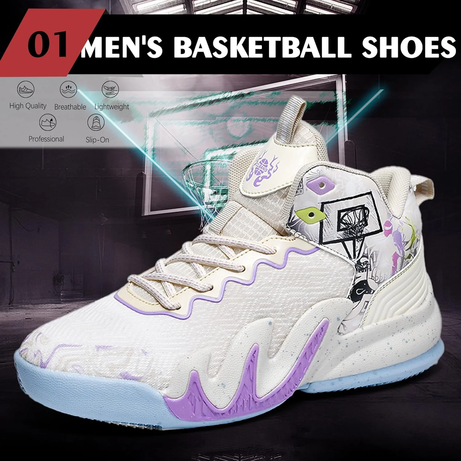 کفش بسکتبال زنانه و مردانه CJSPORX، تنفس پذیر، ضد لغزش، مناسب فضای باز، کتانی اسپرت یونیسکس، سفید و بنفش-3، سایز 11 زنانه/9.5 مردانه