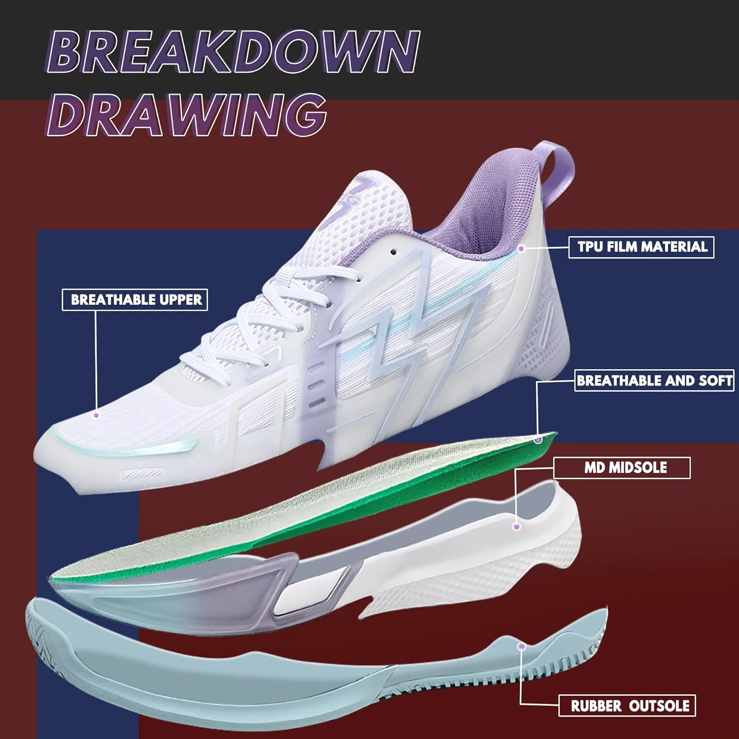 کفش بسکتبال مردانه و زنانه CJSPORX، تنفس پذیر، ضد لغزش، کتانی های مد روز فضای باز، سفید و بنفش - 6، سایز 40.5 زنانه / 39 مردانه