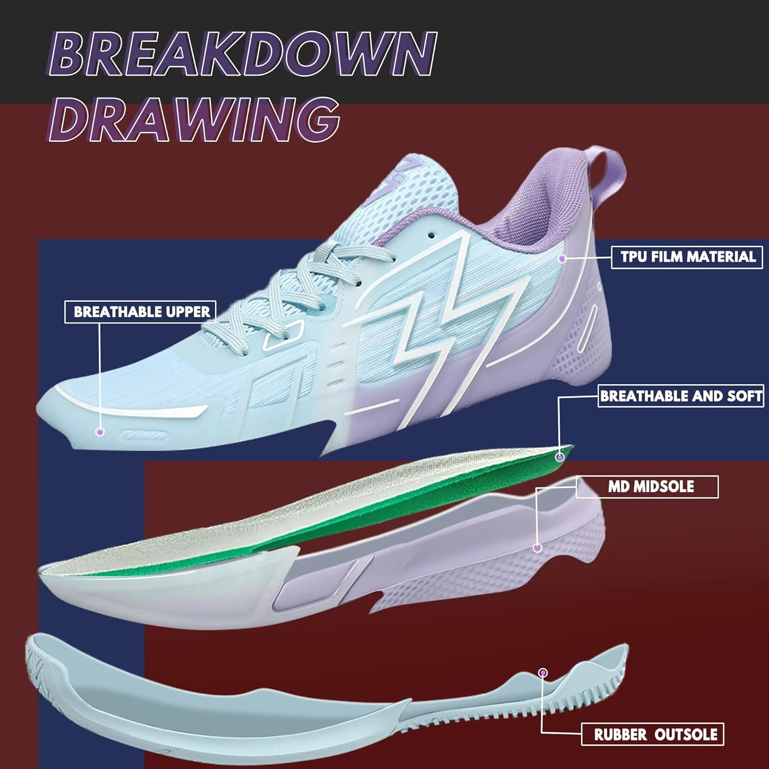 کفش بسکتبال مردانه و زنانه CJSPORX، تنفسی، ضد لغزش، مناسب فضای باز، مدل های فشن، آبی و بنفش - سایز 6، 6.5 زنانه/5.5 مردانه