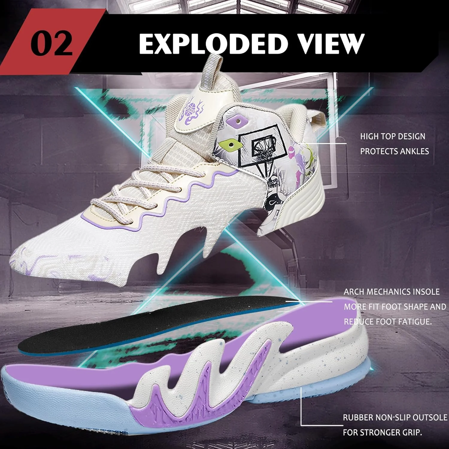 کفش بسکتبال زنانه و مردانه CJSPORX، تنفس پذیر، ضد لغزش، مناسب فضای باز، کتانی اسپرت یونیسکس، سفید و بنفش-3، سایز 11 زنانه/9.5 مردانه