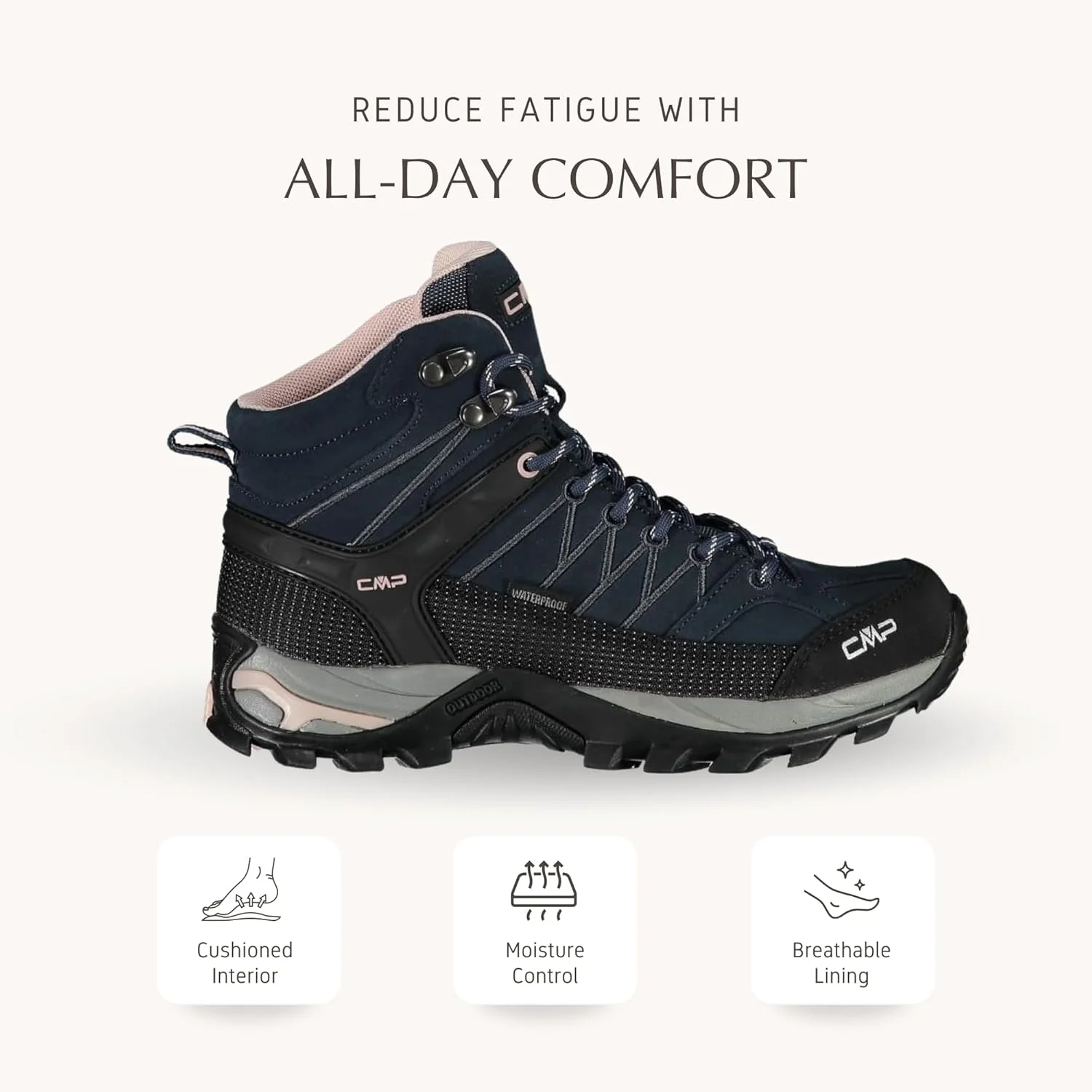 نیم بوت پیاده روی زنانه ضد آب CMP RIGEL – کفش های سبک وزن با پشتیبانی از مچ پا و چسبندگی مناسب برای تمام سطوح. طراحی شده در ایتالیا. نیم بوت پیاده روی زنانه ضد آب CMP RIGEL – کفش های سبک وزن با پشتیبانی از مچ پا و چسبندگی مناسب برای تمام سطوح. طراحی شده در ایتالیا.