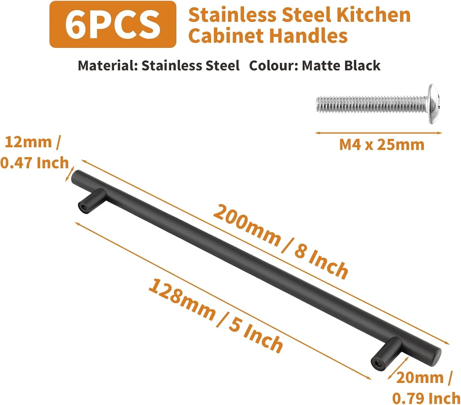 دستگیره کابینت مشکی مات Cjueiom - فاصله مرکز سوراخ 128 میلی متر، دستگیره های T شکل، بسته 6 عددی دستگیره کشو استیل ضد زنگ - دستگیره های بلند کمد و کابینت آشپزخانه، طول 200 میلی متر برای اتاق خواب و کشو
