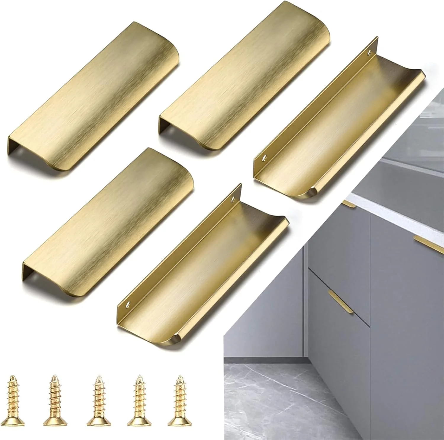 دستگیره های مخفی کابینت X spring Gold، بسته 5 عددی، دستگیره انگشتی برای کابینت ها با طراحی مخفی، دستگیره آشپزخانه با آلیاژ آلومینیوم پیشرفته، دستگیره های مدرن کابینت مناسب برای کمد، درب کمد، کشوها