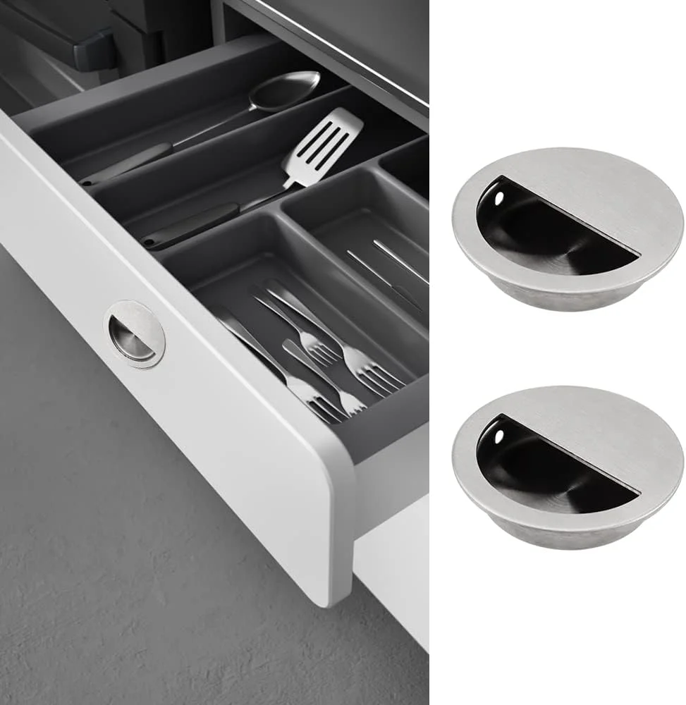 دستگیره کشویی توکار ZXShow، بسته 4 عددی، قطر 50 میلی متر، استیل ضد زنگ، دستگیره گرد توکار با پیچ های مخفی برای درب کابینت کشو