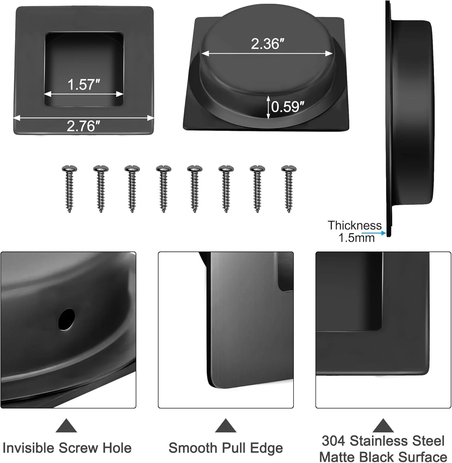 دستگیره های توکار انگشتی تزویق، مناسب برای درب های کشویی و کمد دیواری، استیل ضد زنگ مشکی مات، سخت افزار درب انبار (بسته 4 عددی)