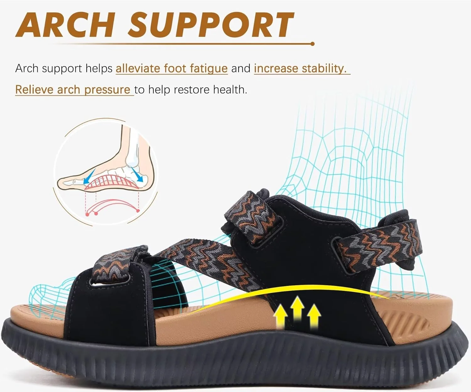 صندل پیاده روی زنانه KuaiLu، طبی، دارای قوس حمایتی، مناسب خار پاشنه، انگشت باز، ریکاوری، ورزشی، مناسب سفر و فضای باز، دارای فوم نرم و بند قابل تنظیم - مشکی خاکی