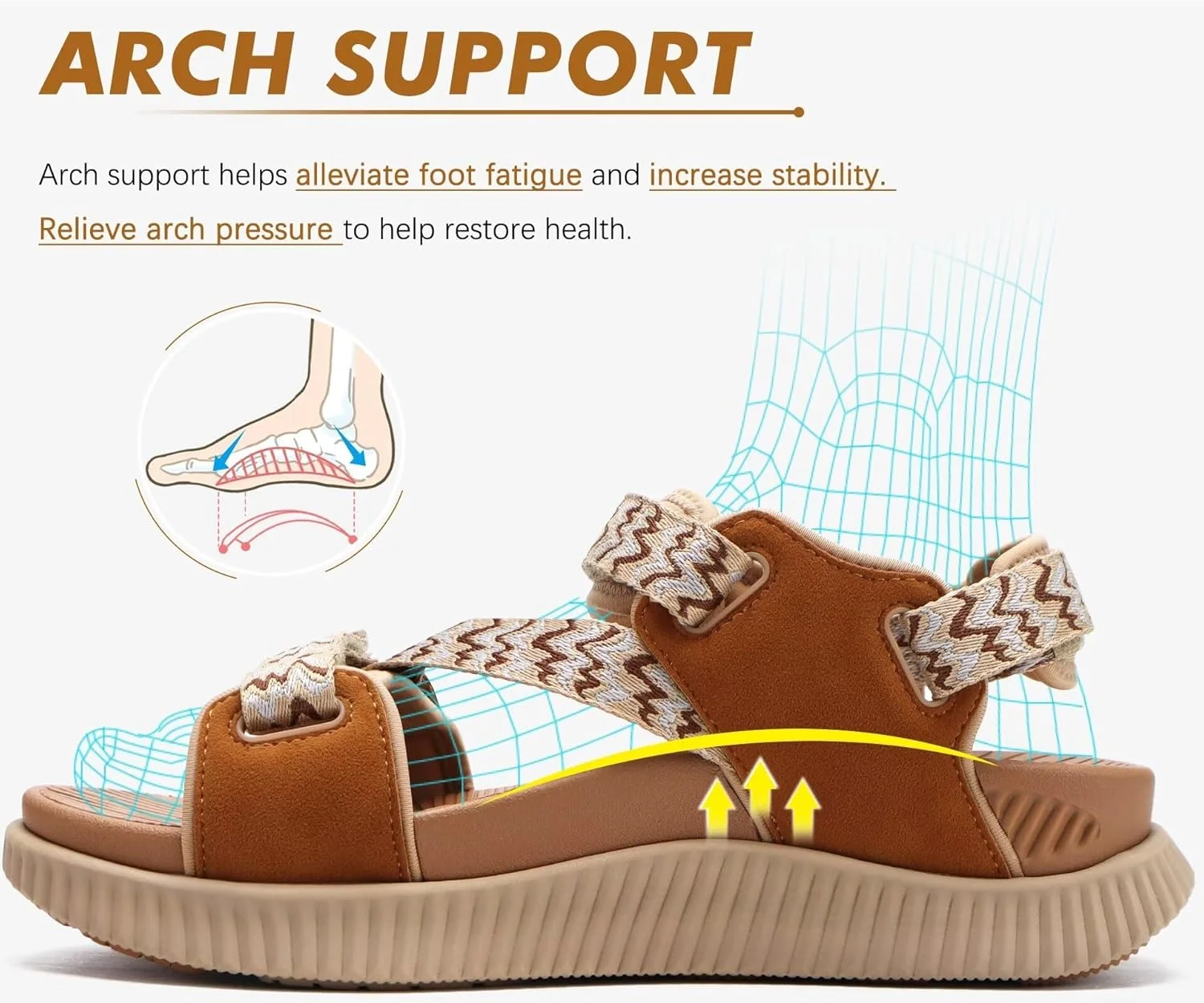 صندل پیاده روی زنانه KuaiLu، راحت، با پشتیبانی از قوس پا برای پلانتار فاشیایتیس، صندل های ارتوپدی زنانه با انگشت باز، مناسب ریکاوری، ورزشی، فضای باز، مسافرتی، صندل های فوم بالشتکی ورزشی با بند قابل تنظیم، خاکی، سایز 7