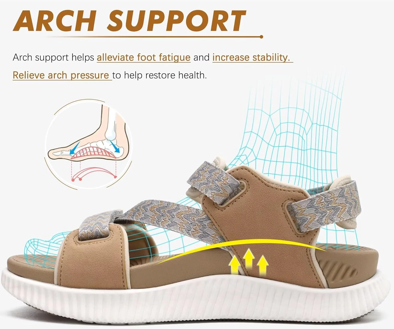 صندل پیاده روی زنانه KuaiLu، طبی، با پشتیبانی از قوس پا، مناسب برای پلانتار فاشیایتیس، صندل های ورزشی روباز زنانه، صندل های فوم بالشتکی ورزشی با بند قابل تنظیم، رنگ بژ، سایز 8