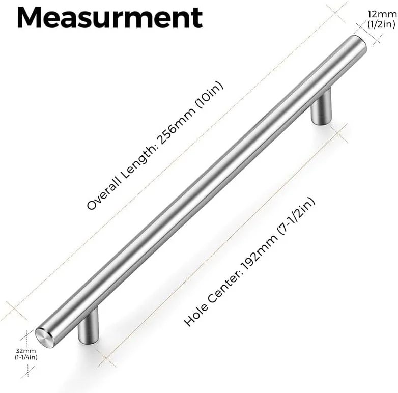 روینت بسته 10 عددی دستگیره مبلمان نقره ای، دستگیره های T شکل برای کابینت آشپزخانه، مرکز سوراخ 192 میلی متر، دستگیره های کابینت، دستگیره درب مبلمان استیل ضد زنگ