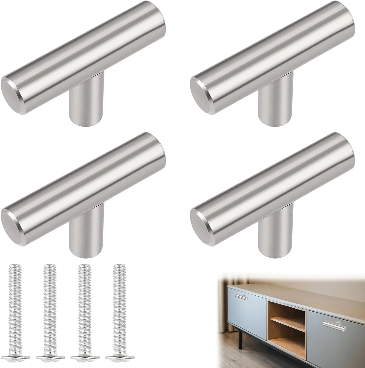 ست چهارتایی دستگیره تی بار درب QttvbTna، دستگیره تک سوراخ استیل ضد زنگ نقره ای، دستگیره کشو مبلمان برای کمد، اتاق خواب، دراور