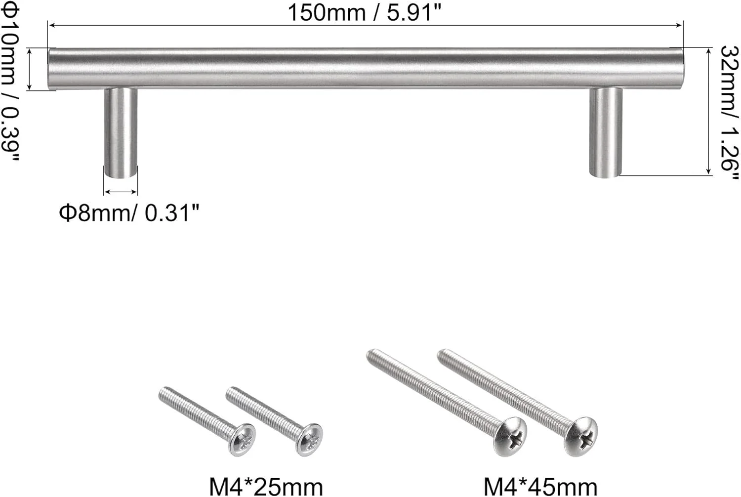 دستگیره تی بار سورسینگ مپ، طول 150 میلی متر، قطر 10 میلی متر، دستگیره کابینت استیل ضد زنگ، فاصله مرکز سوراخ 96 میلی متر