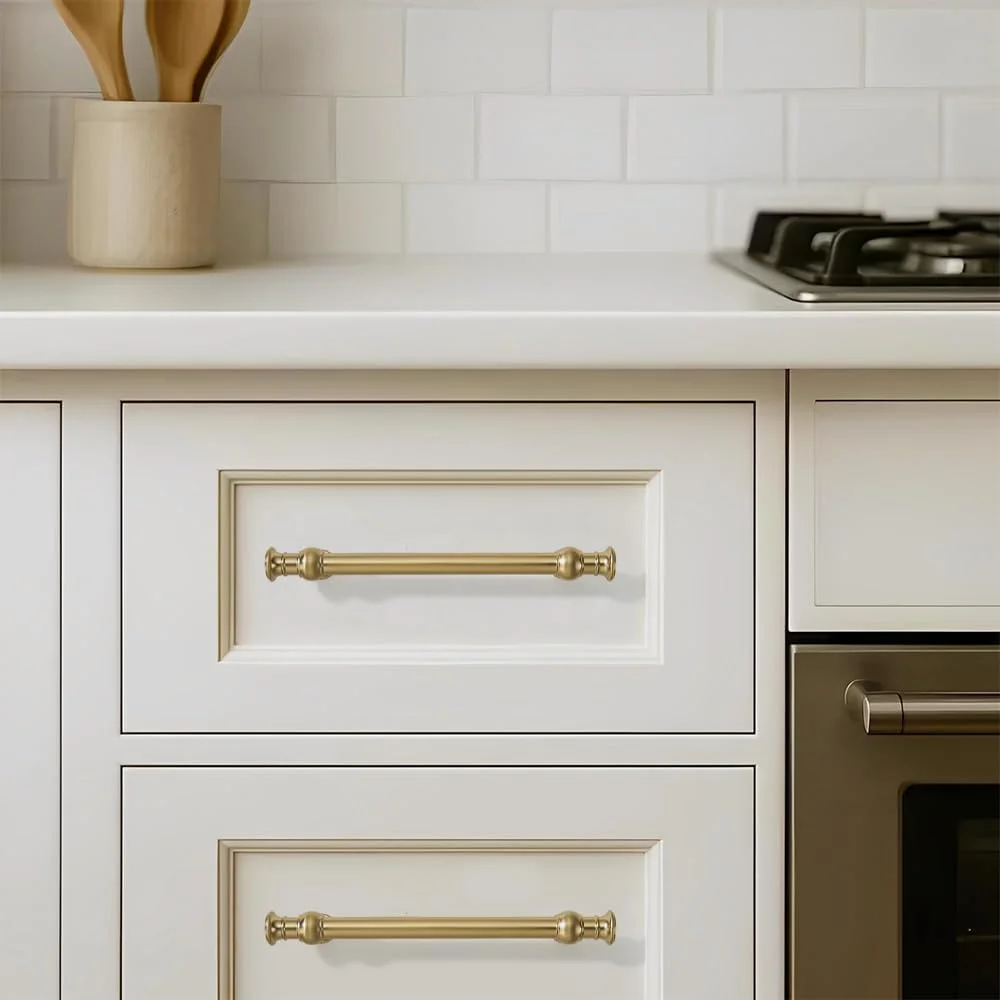 دستگیره کابینت برنجی برس خورده Khtumeware، بسته 10 عددی، 128 میلی متر فاصله سوراخ، دستگیره های سنگین و بادوام برای کابینت آشپزخانه، کمد و کشو، مناسب برای حمام