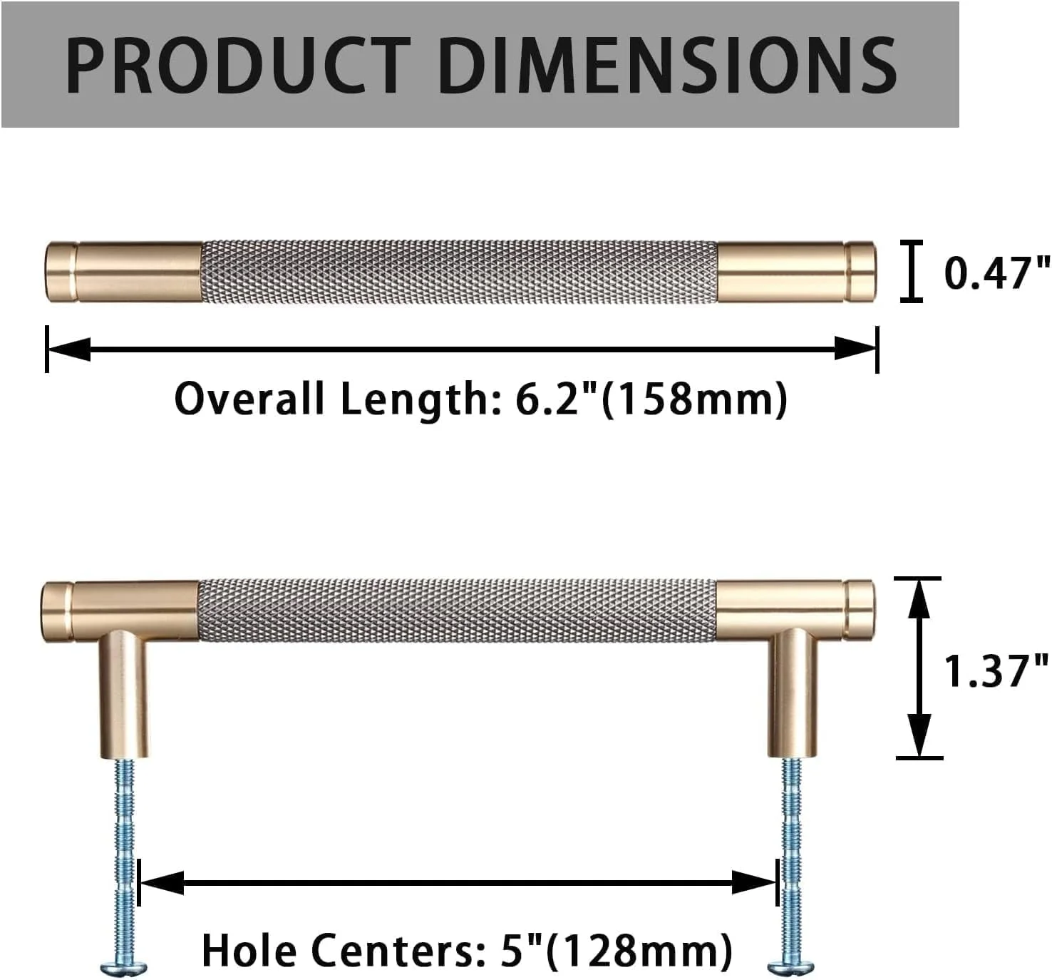 دستگیره کابینت TNTAIAHL بسته 6 عددی، 6.2 اینچی، مدرن خاکستری و طلایی، دستگیره های آلومینیومی کابینت با طرح الماسی آجدار، سخت افزار کشو برای درب کابینت آشپزخانه و حمام (مرکز سوراخ 5 اینچی)