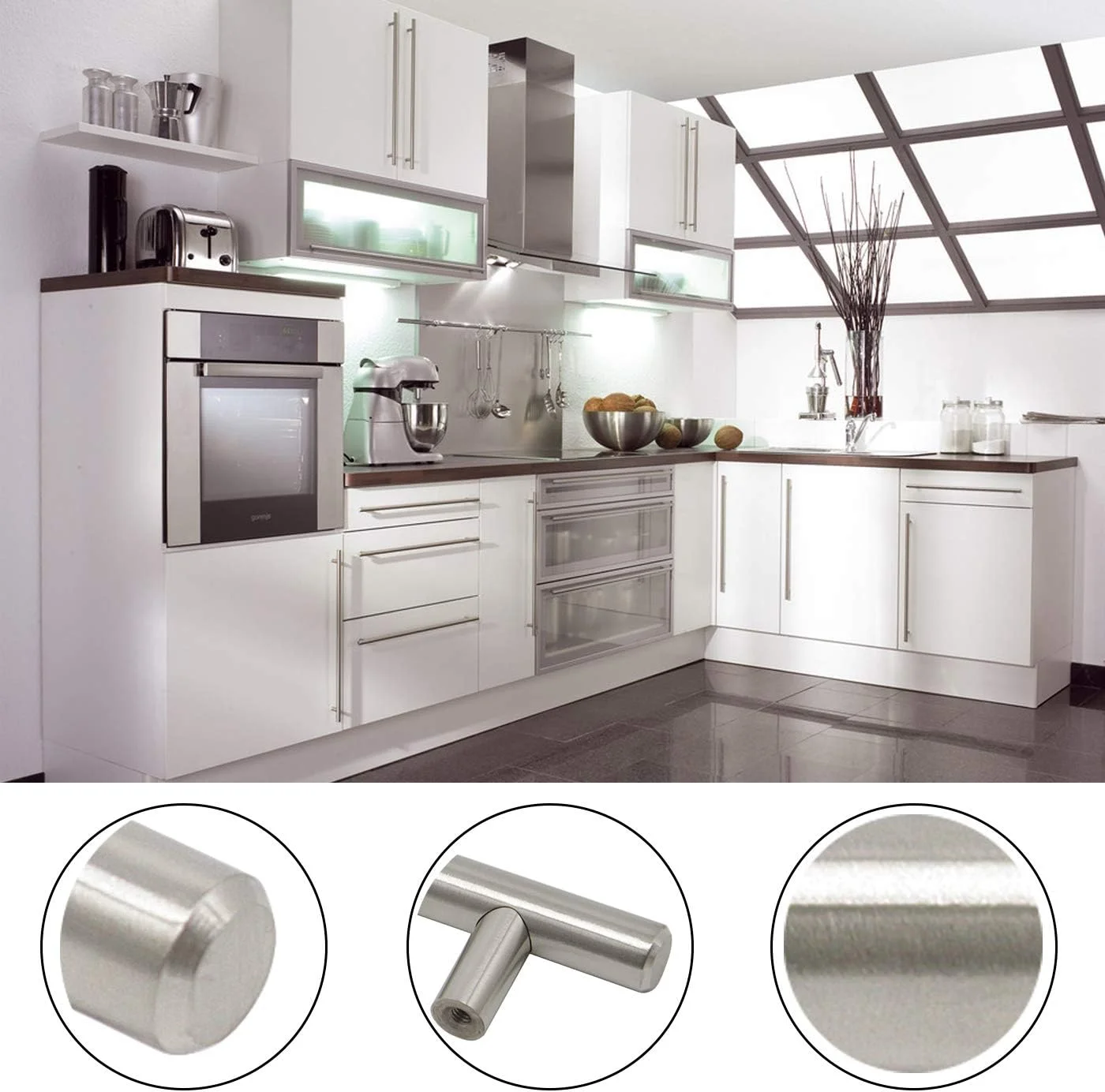 دستگیره های تی بار کابینت و کمد Gobrico، مناسب برای حمام و آشپزخانه، استیل ضد زنگ، نیکل ساتن، 5 اینچ (128 میلی متر) فاصله سوراخ ها، نیکل ساتن GB201HSS128