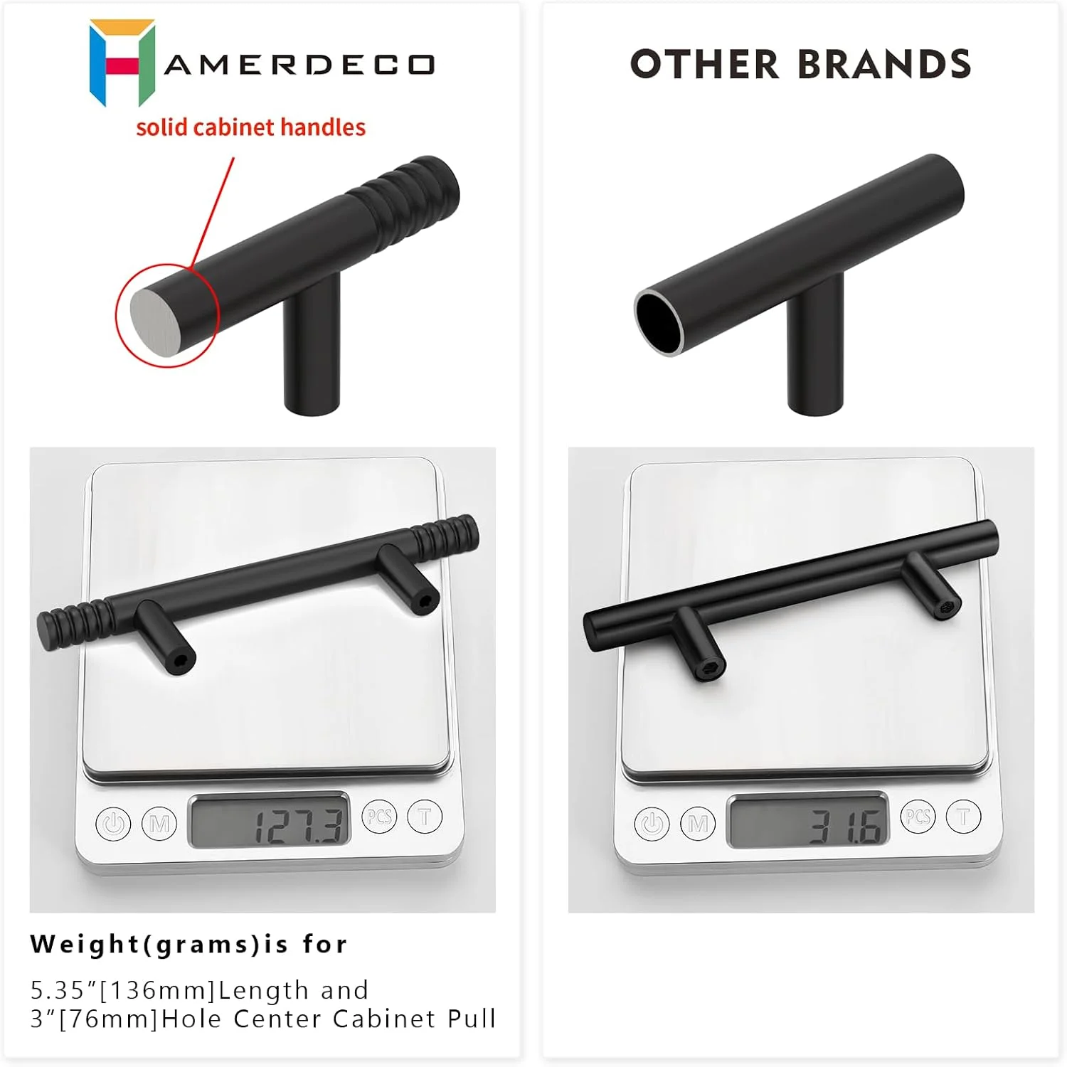 دستگیره کابینت Amerdeco، بسته 10 عددی، نیکل ساتن برس خورده، توپر، 5 اینچ (128 میلی متر) فاصله سوراخ ها، سخت افزار دستگیره کابینت آشپزخانه، دستگیره مدل ZH0070