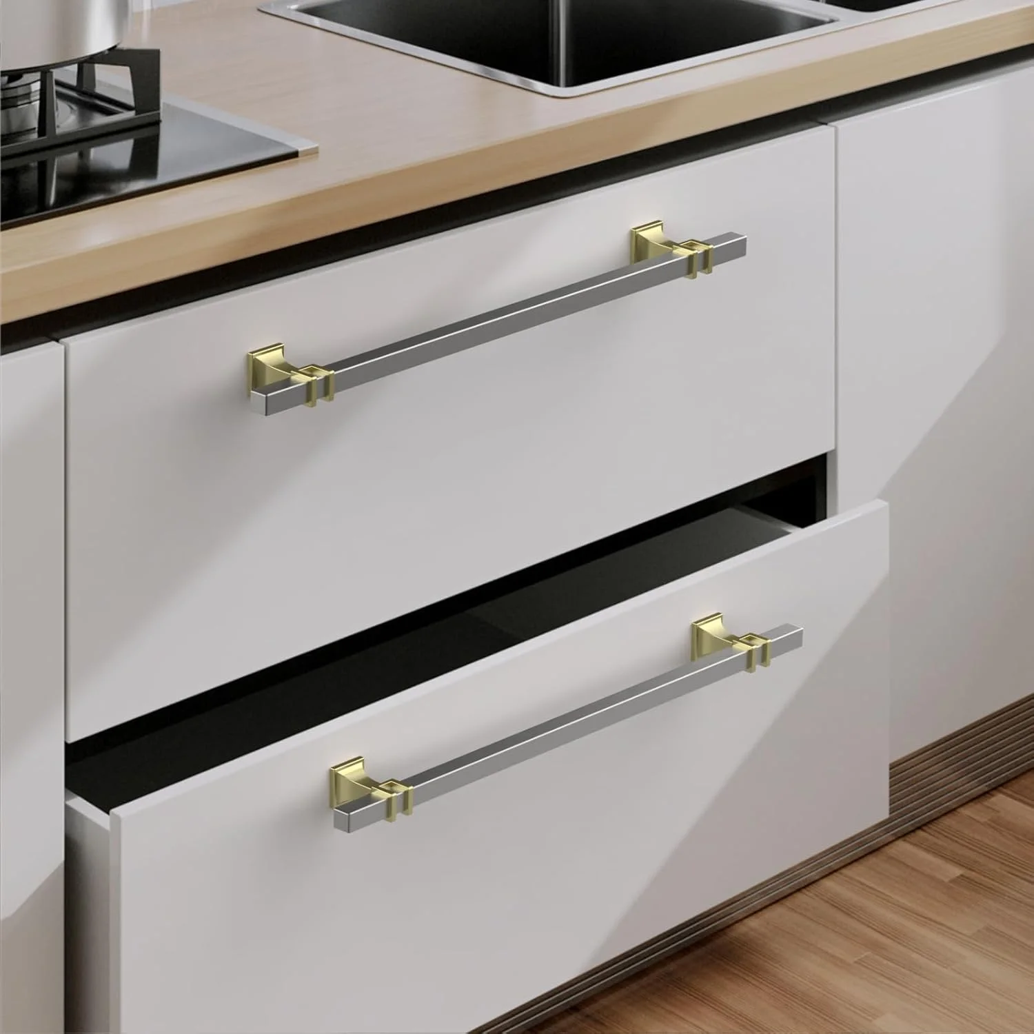 دستگیره کابینت 9BUILD بسته 10 عددی، 10 اینچی، نیکل ساتن برس خورده، دستگیره های سخت افزاری کابینت آشپزخانه، دستگیره های T شکل برای کشو