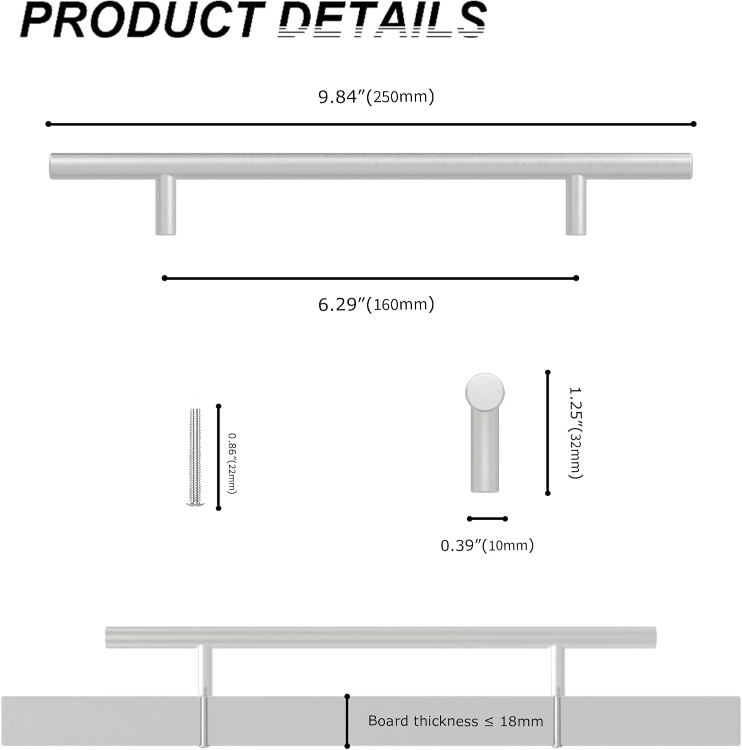 دستگیره کابینت آشپزخانه BH1967، دستگیره درب کابینت، دستگیره های استیل ضد زنگ برس خورده، دستگیره های T شکل کابینت (10 عدد، فاصله سوراخ ها 160 میلی متر)