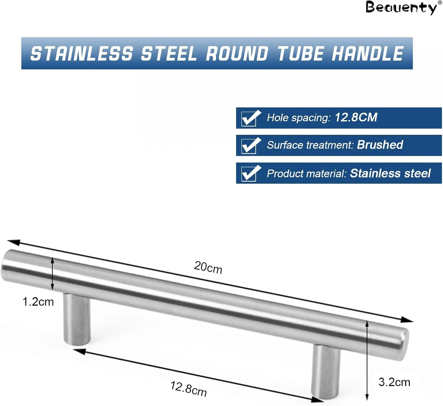 دستگیره کابینت Beauenty بسته 10 عددی، دستگیره های T شکل استیل ضد زنگ، دستگیره درب کشو آشپزخانه (نقره ای، 128 میلی متر)
