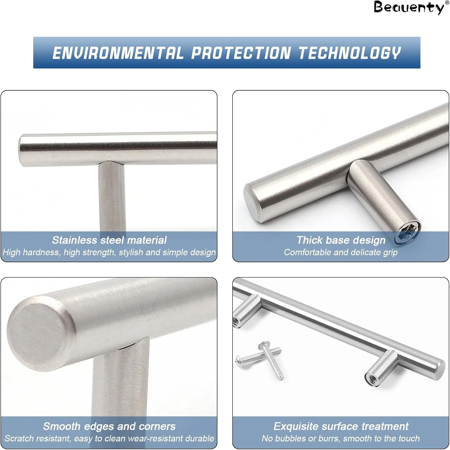 دستگیره کابینت Beauenty بسته 10 عددی، دستگیره های T شکل استیل ضد زنگ، دستگیره درب کشو آشپزخانه (نقره ای، 128 میلی متر)