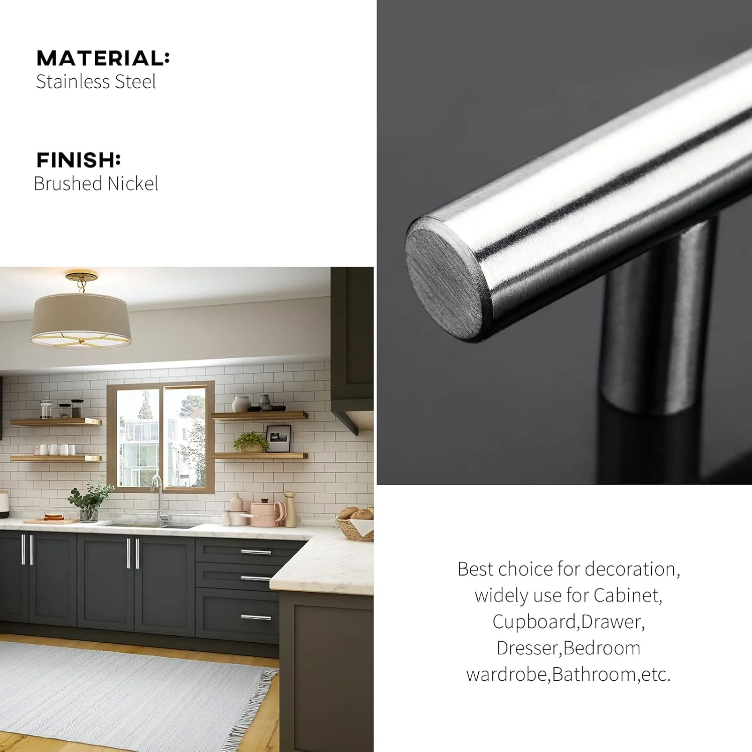 دستگیره کابینت آشپزخانه Goldenwarm، بسته 10 عددی، نیکل برس خورده - مرکز سوراخ 5 اینچ، دستگیره های کشو و درب - دستگیره های T شکل گرد - دستگیره های کشو استیل ضد زنگ