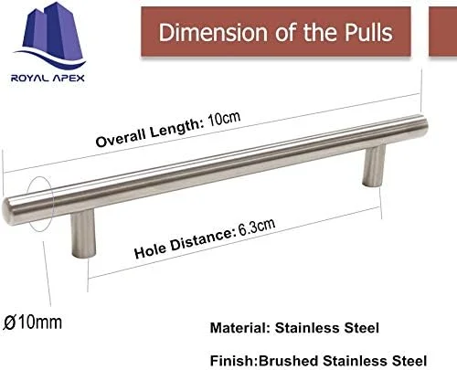 دستگیره های T شکل استیل ضد زنگ رویال اپکس برای کشو کابینت آشپزخانه، دستگیره و کشش درب کابینت و مبلمان، دستگیره های نیکل برس خورده (10 عدد، اندازه سوراخ 6.3 سانتی متر، بسته 2 عددی)