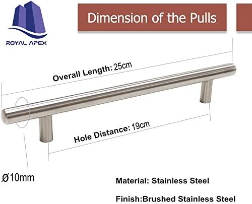 دستگیره های تی شکل استیل ضد زنگ رویال اپکس برای کشو کابینت آشپزخانه، دستگیره و کشش درب کابینت و مبلمان، دستگیره های نیکل برس خورده (25 عدد، اندازه سوراخ 19 سانتی متر، بسته 5 عددی)
