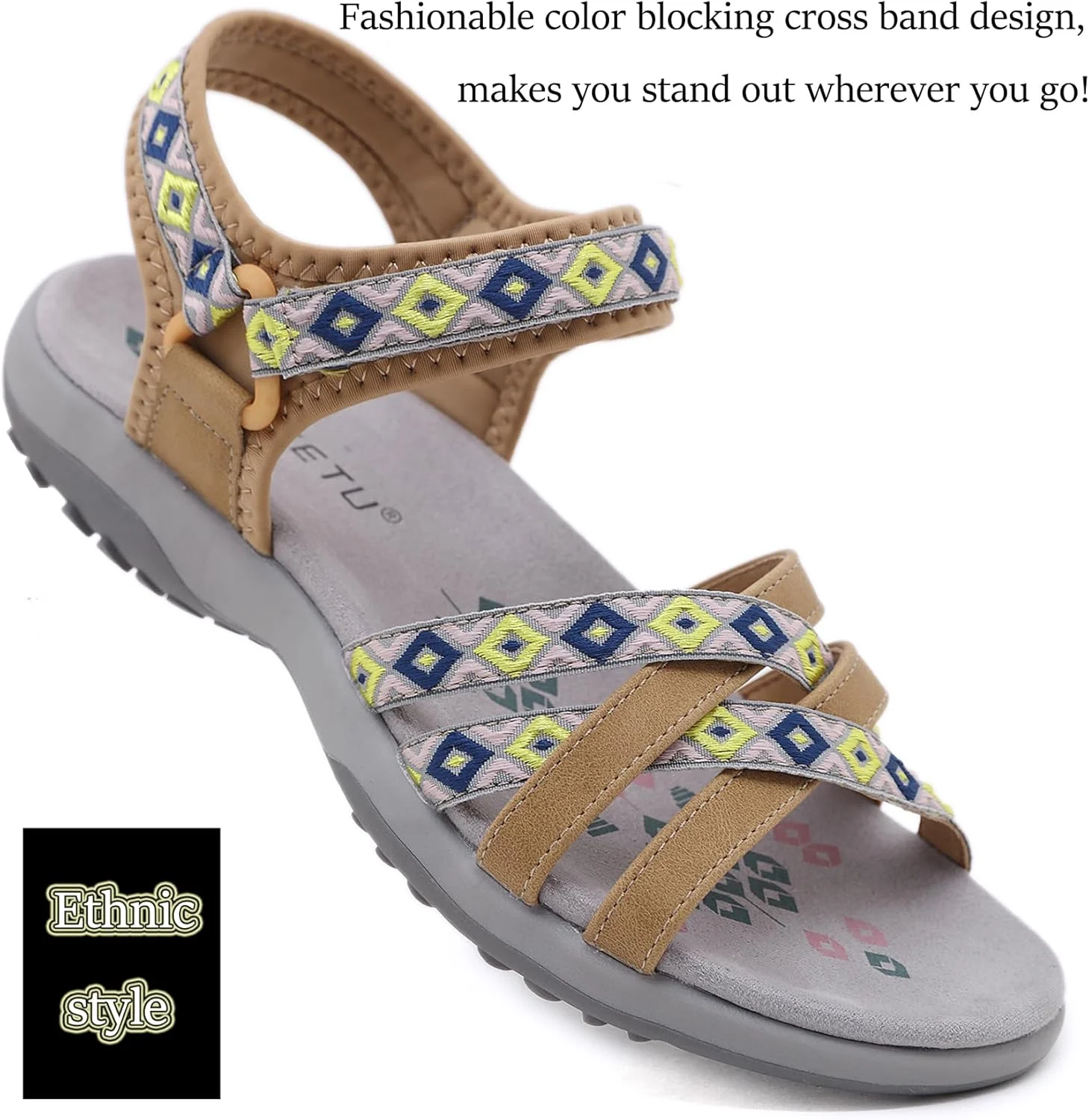صندل پیاده روی زنانه Meik Mangni، صندل ورزشی با پشتیبانی از قوس پا، صندل های راحت فضای باز، بند قلاب و حلقه قابل تنظیم، کفش های ساحلی تابستانی به سبک قومی