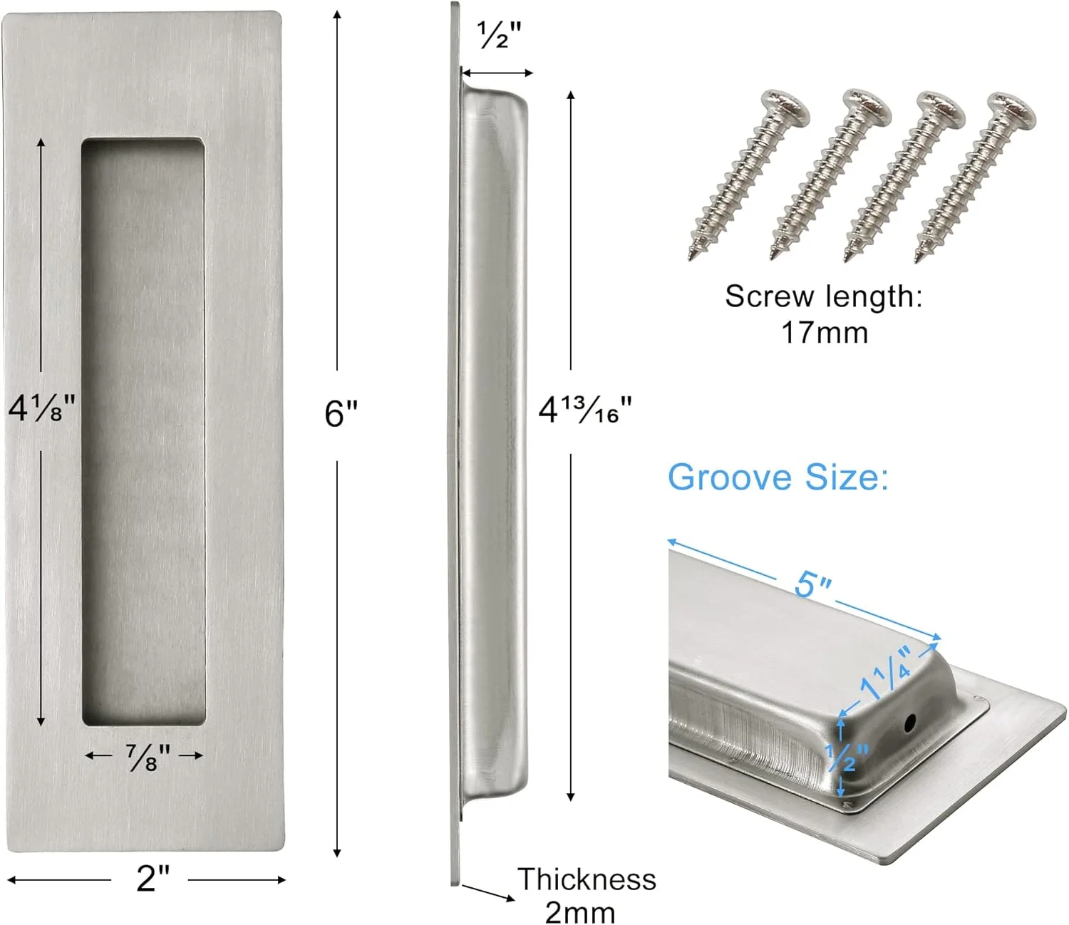 دستگیره های توکار انگشتی 6 اینچی Malimali برای درب های کشویی، درب کمد، دستگیره درب انبار کشویی، سخت افزار دستگیره مستطیلی استیل ضد زنگ برس خورده (2 عدد)