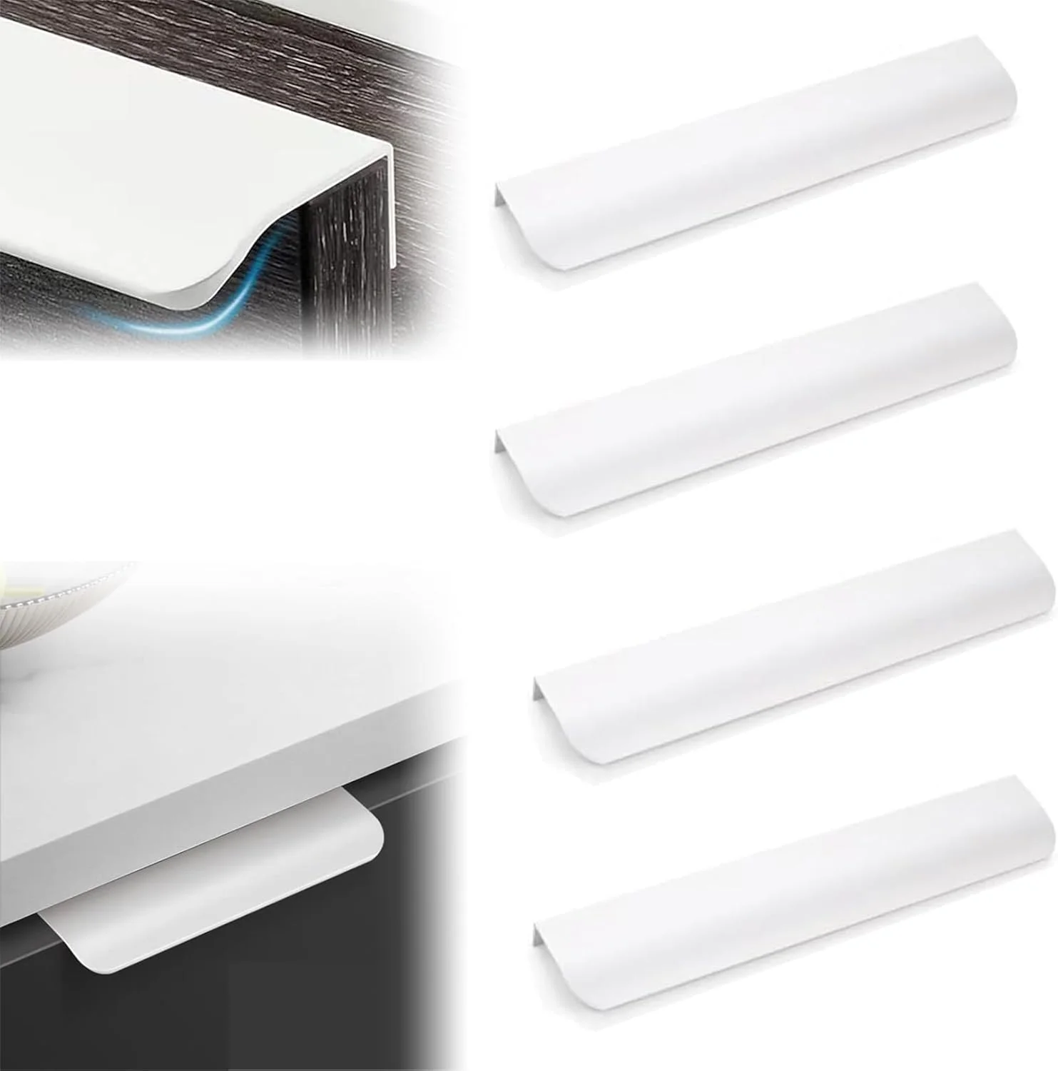 دستگیره های انگشتی KASTWAVE، بسته 4 عددی - دستگیره های آلومینیومی سفید براق کابینت، نصب آسان دستگیره های مخفی با شکل ساده، ایده آل برای کابینت آشپزخانه، کشو، میز کنار تخت و موارد دیگر