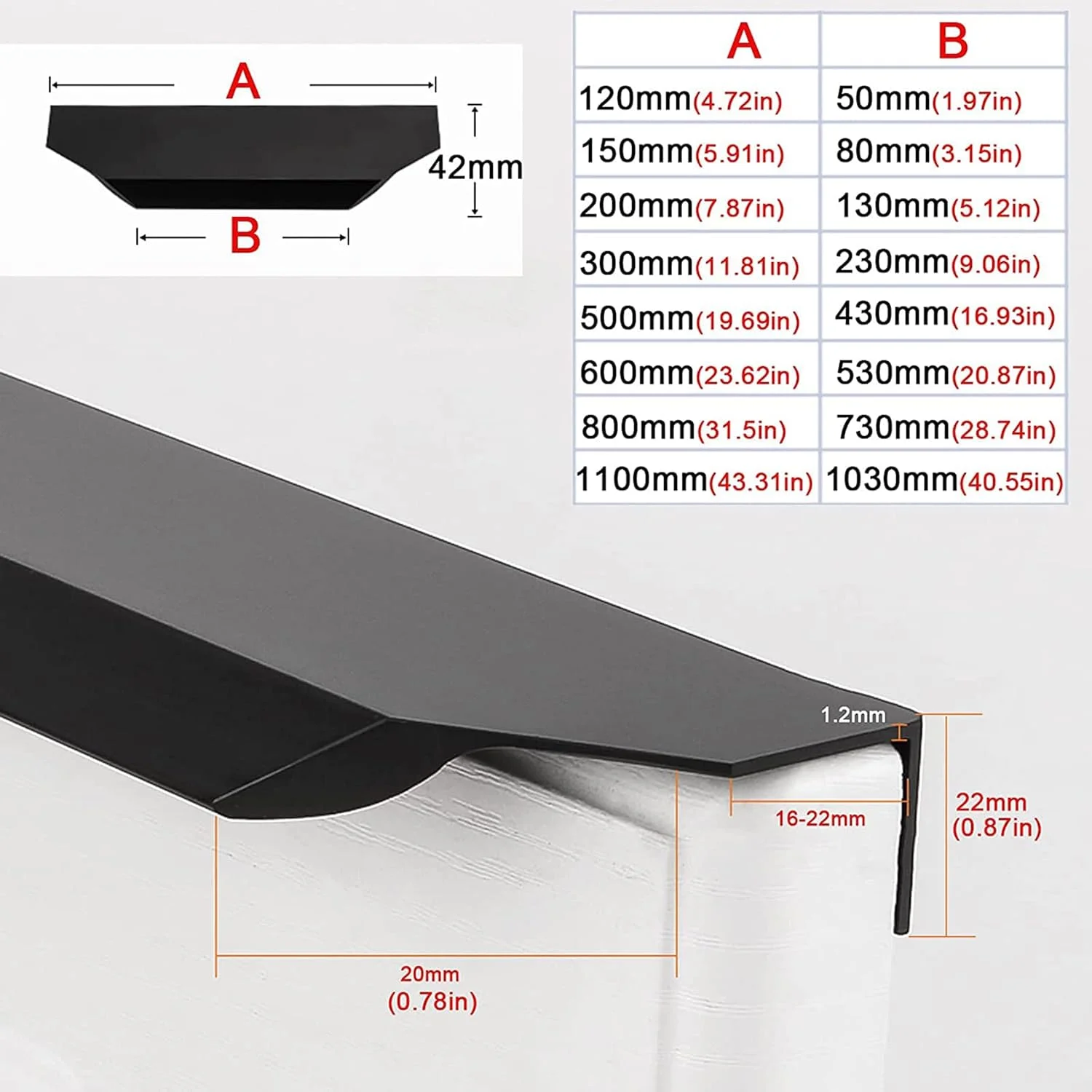 دستگیره کابینت مشکی HONGTUWY، دستگیره لبه انگشتی کابینت، دستگیره مخفی کشویی درب منحنی برای کابینت آشپزخانه منزل (طول: 1100 میلی متر)