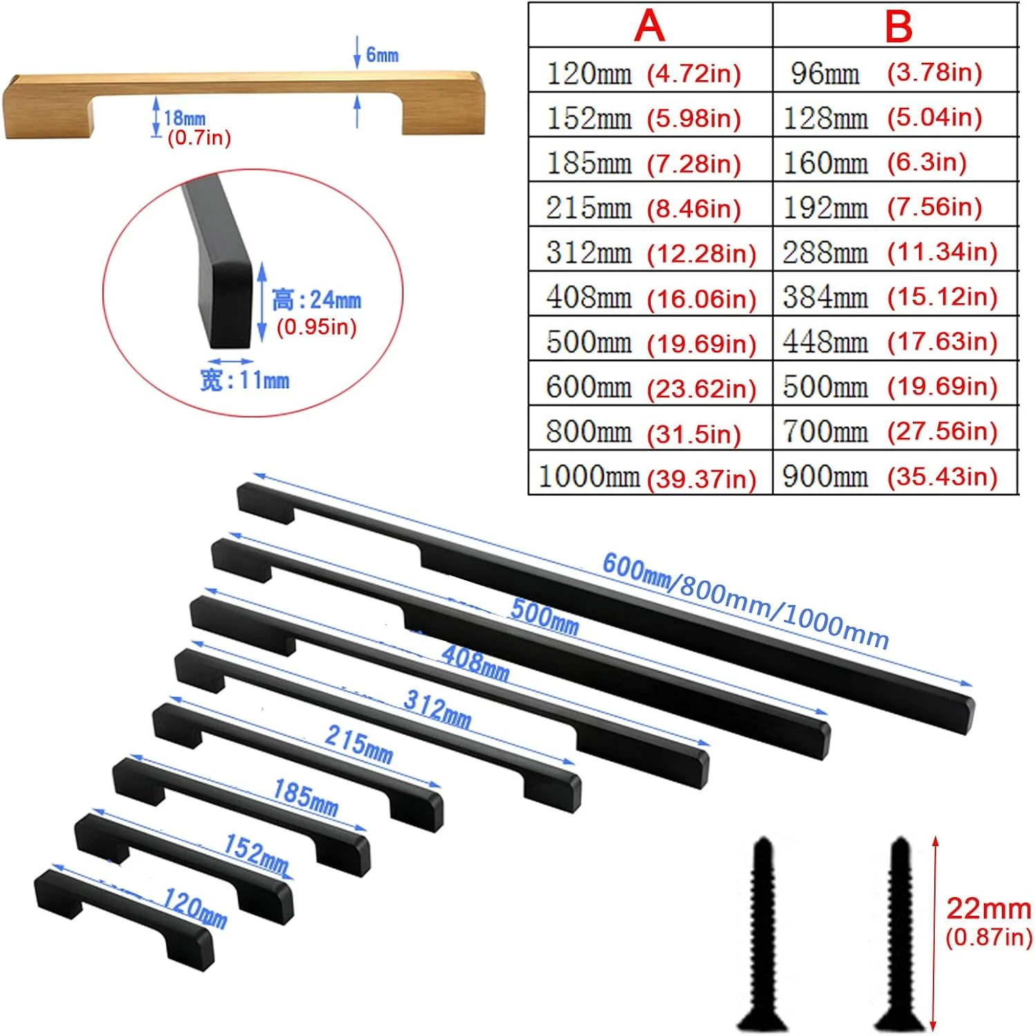 دستگیره کابینت، دستگیره های کشویی درب مبلمان، دستگیره کمانی، دستگیره های کمد آشپزخانه، دستگیره کشویی آلیاژ آلومینیوم، برای کشو کمد اتاق خواب، سخت افزار کمد حمام، مشکی (طول: 1000 میلی متر)