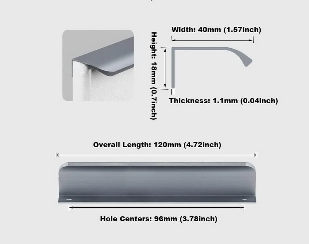 دستگیره مخفی لبه انگشتی نقره ای خاکستری EasioNer، بسته 8 عددی، مناسب برای کابینت و کمد، دستگیره مدرن کشو آشپزخانه، دستگیره درب 120 میلی متر، نصب آسان