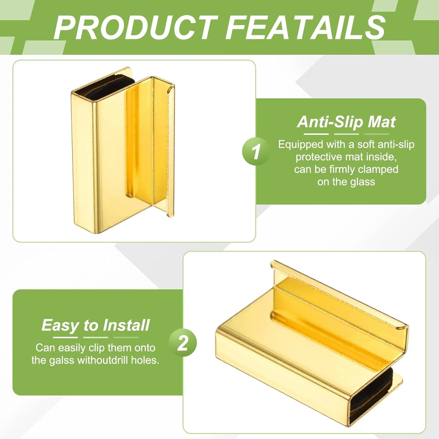 دستگیره لبه شیشه ای 6 عددی سورسیینگ مپ، گیره های درب ویترین فولادی، دستگیره مخفی درب کابینت برای کشوها، کمد لباس، ویترین شیشه ای، مبلمان، طلایی