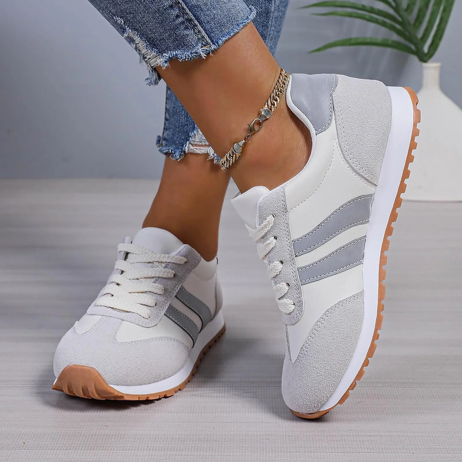 کفش‌های کتانی زنانه JEUROT، چرم، جیر، تکه‌دوزی، کفش‌های پیاده‌روی غیررسمی، کفش‌های تنیس و دویدن بنددار ضد لغزش