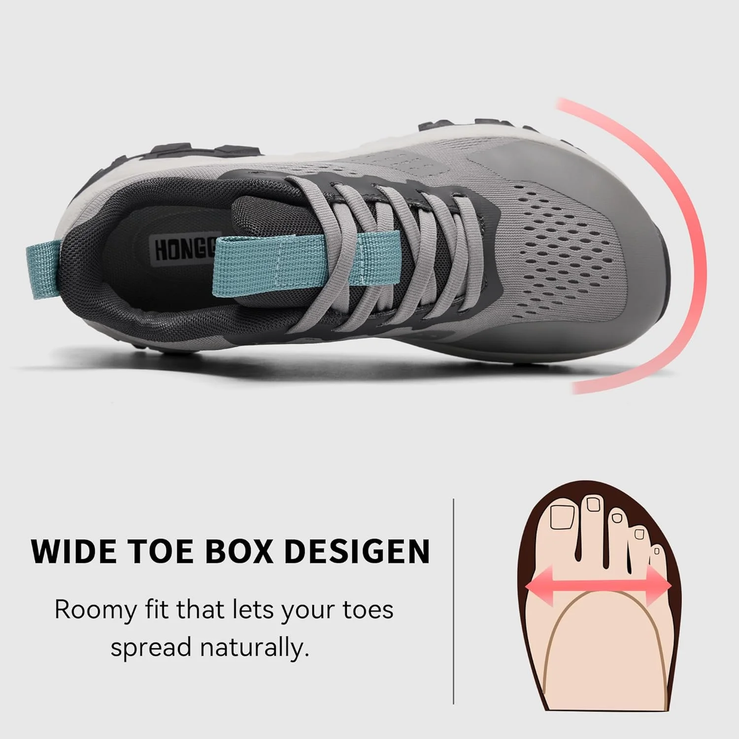 کفش های زنانه پنجه پهن HONGGUOZI، کفش های ورزشی فوق سبک ضد لغزش با پشتیبانی از قوس پا برای پیاده روی، دویدن، تمرینات ورزشی، تنیس، کفش دیابتی زیرو دراپ، خاکستری، سایز 9 پهن