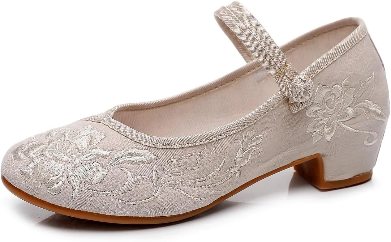 کفش های زنانه ظریف با طرح ملی، گلدوزی گل، کفش های بند مچ پا، کفش های مری جین برای رقص، کفش های سنتی قدیمی به سبک چیونگسام هانفو (بژ، 38 EU)
