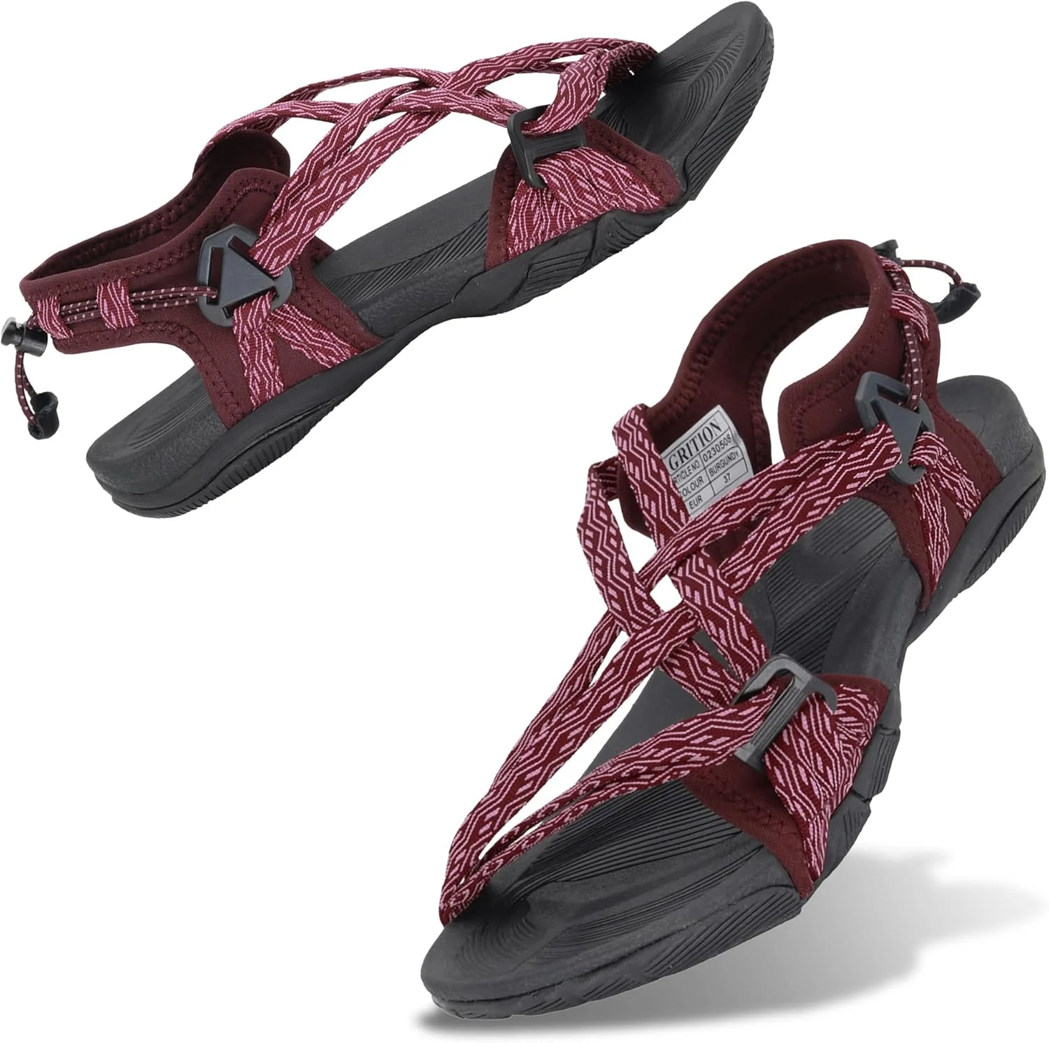 صندل های پیاده روی زنانه GRITION، کفش های ورزشی آبی دخترانه تابستانی صندل های تخت ضربدری با انگشت باز و بند چسبی قابل تنظیم برای پیاده روی مشکی صورتی خاکستری