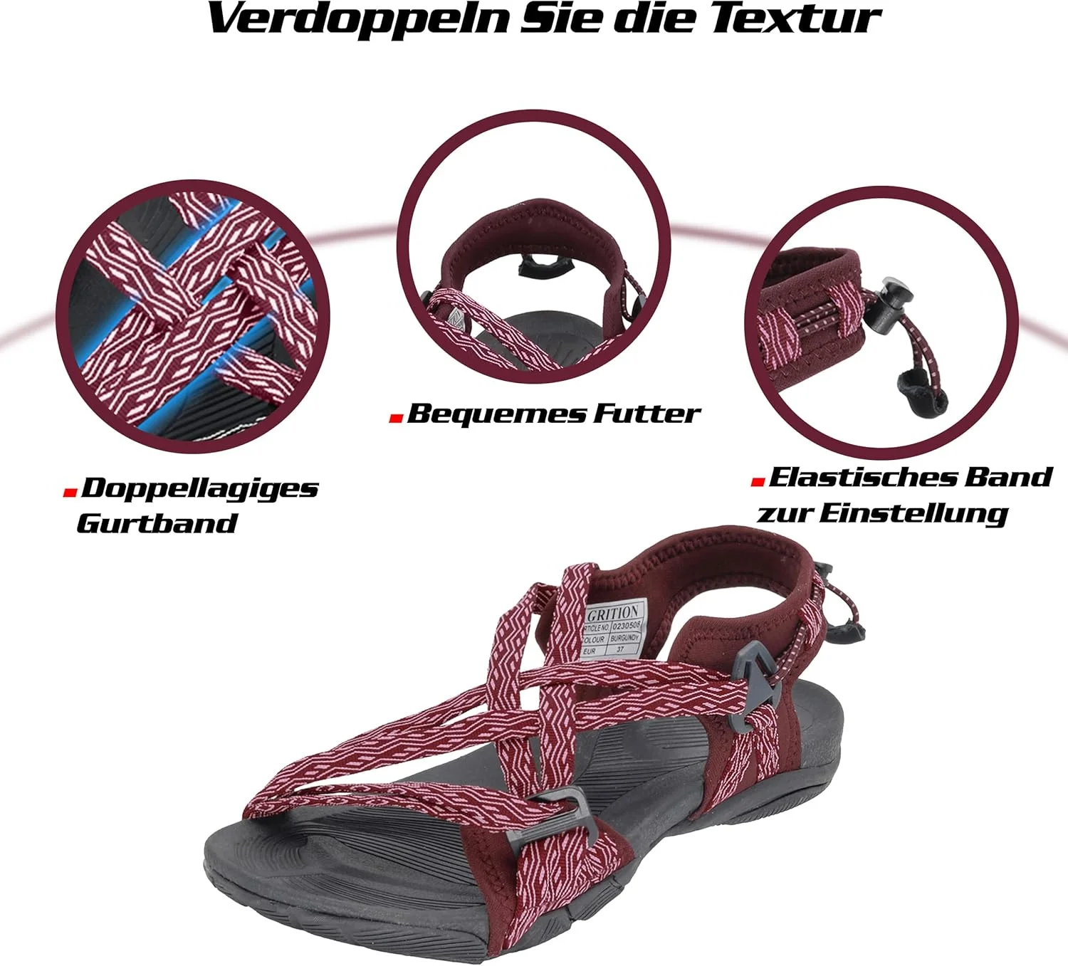 صندل های پیاده روی زنانه GRITION، کفش های ورزشی آبی دخترانه تابستانی صندل های تخت ضربدری با انگشت باز و بند چسبی قابل تنظیم برای پیاده روی مشکی صورتی خاکستری