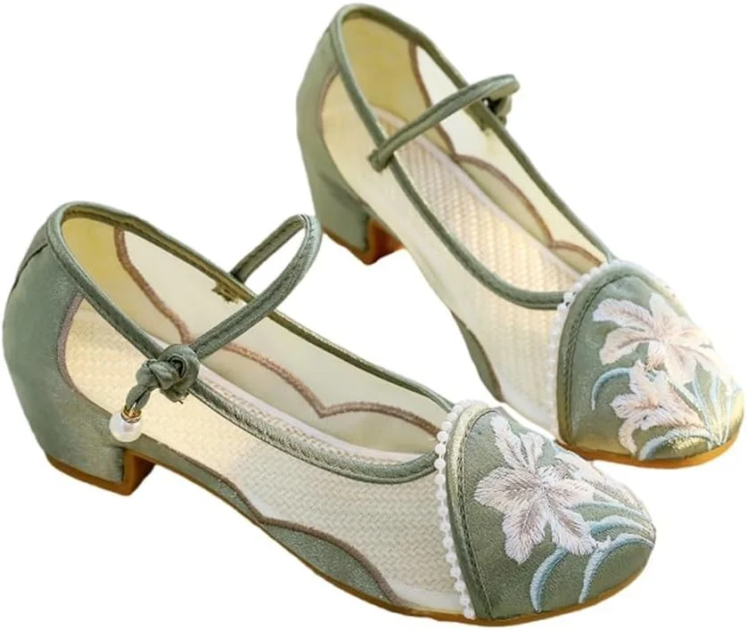 کفش زنانه توری تنفسی با گلدوزی گل، سبک قومی، کفش های بند دار مچ پا، کفش های سنتی چینی باستانی به سبک هانفو، کفش های رقص یوگا